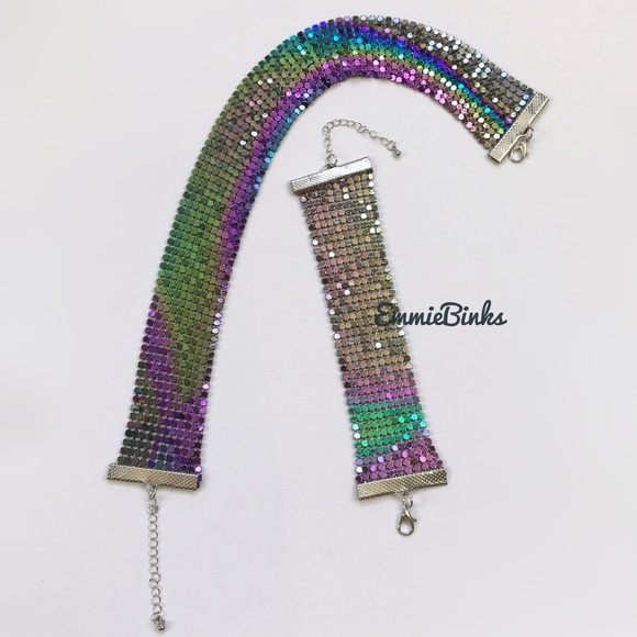 ✨3for$38 New 2 Piece Oil Slick Holographic Metallic Mesh Choker & Bracelet Set - Picture 5 of 15